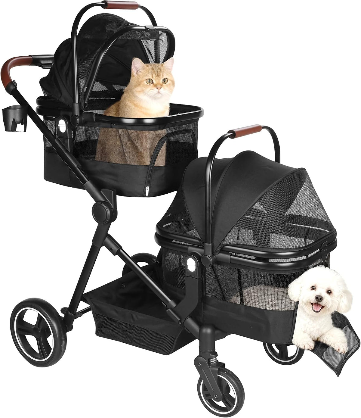 Foldable Double Pet Stroller for 2 Small Medium Cats Dogs – Essentials for Cats - Black / Double