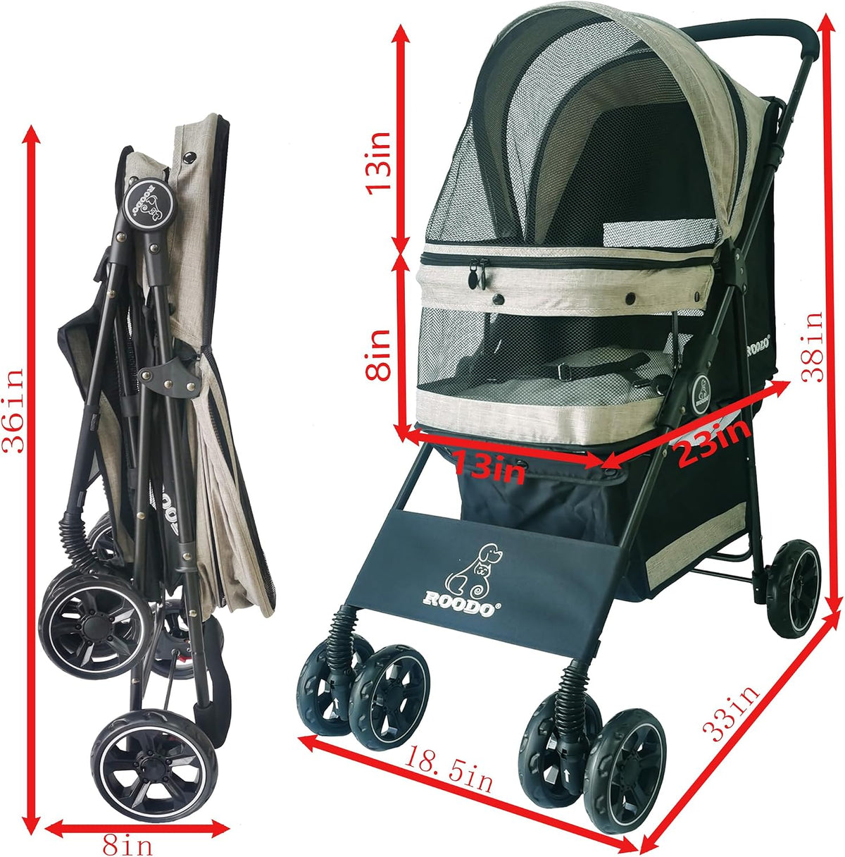 ROODO 4 Wheel Dog Cat Pet Stroller Best Lightweight Foldable Compact - Light khaki - image 2