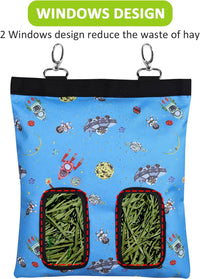 Rabbit Hay Feeder Bag Hanging Hay Rack – Essentials for Small Pets - 2 Windows / Pattern Blue - image 2