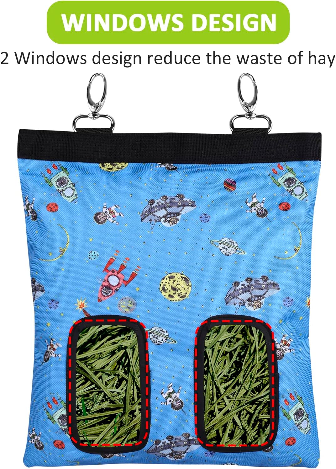 Rabbit Hay Feeder Bag Hanging Hay Rack – Essentials for Small Pets - 2 Windows / Pattern Blue - image 2