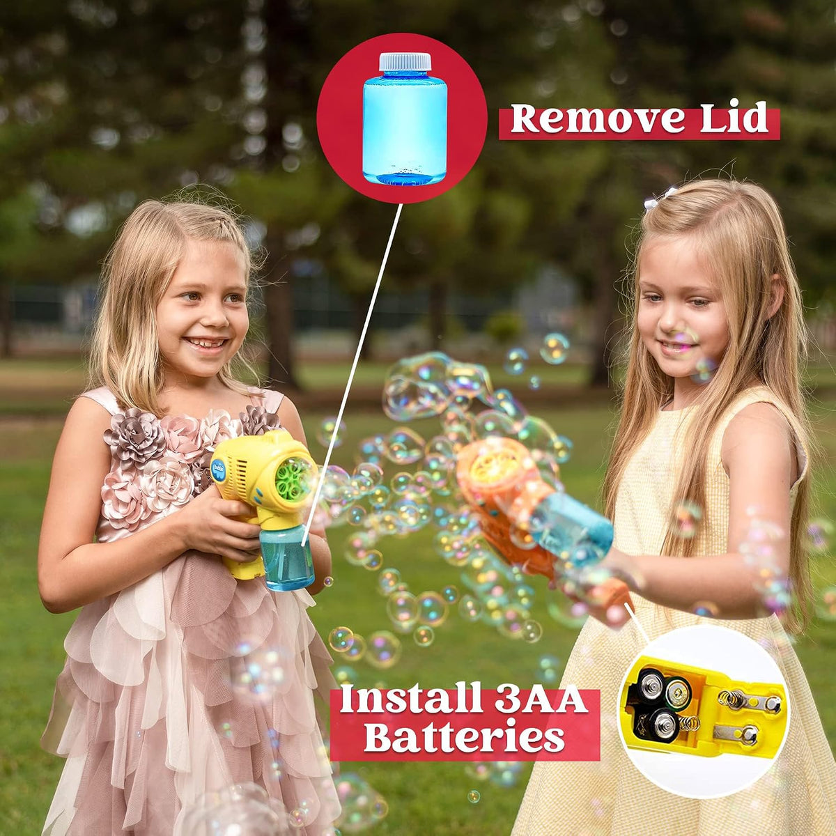 JOYIN 2 Kids Bubble Gun with 2 Bottles Refill Solution - Orange+yellow - image 4