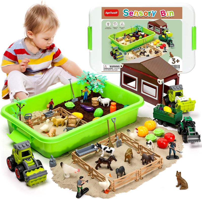Aprilwolf 69-piece farm sensory bin with play sand, tractors, animals and fences
