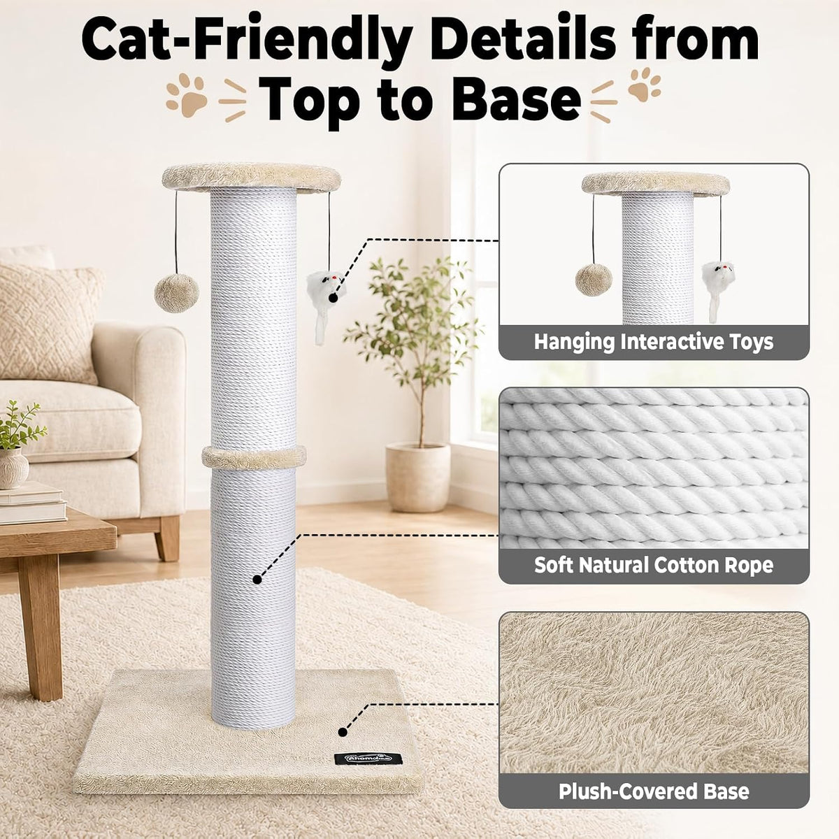 34-Inch Tall Cat Scratching Post for Large Cats, Stable Base - Beige - image 4