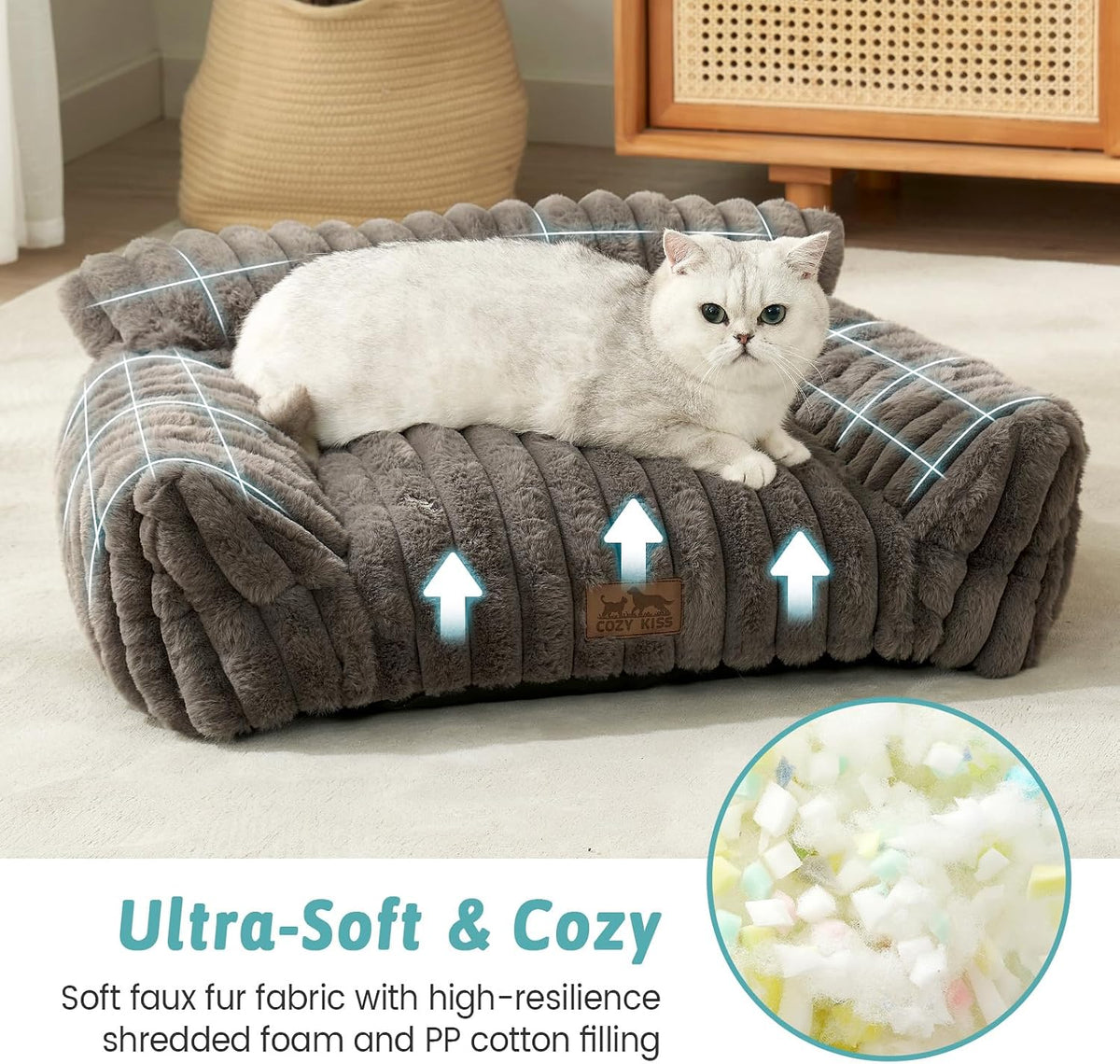 COZY KISS Cute Cat Couch, Fluffy Sofa Bed for Cats and Small Dogs, Premium Faux Rabbit Fur Cats - Grey / Small: 25.5'' x 17.5'' - image 2
