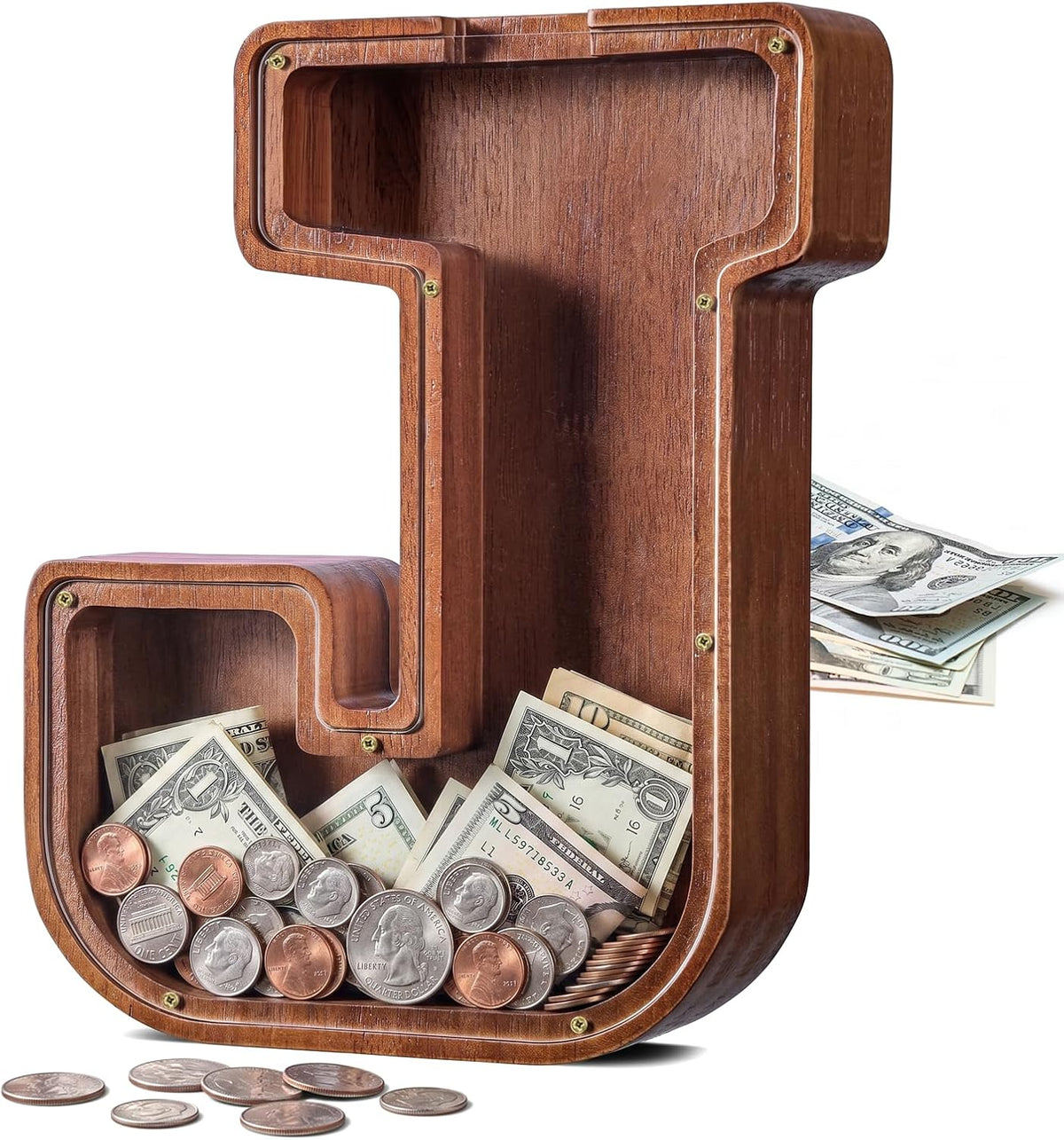 KMC wooden letter piggy bank, oak initial coin bank with clear plexiglass front - view 7