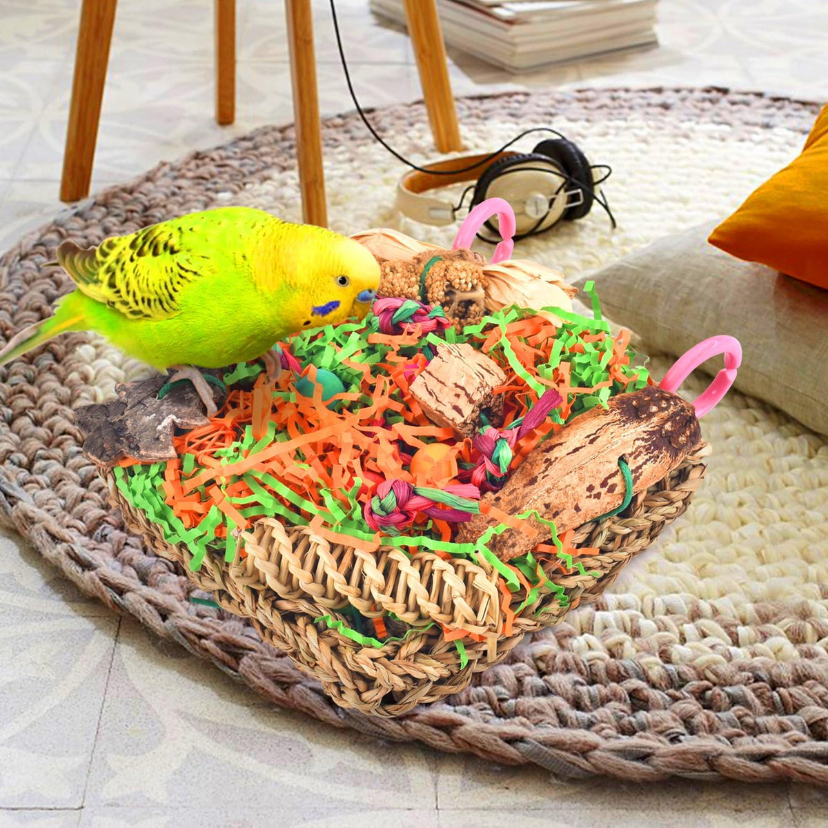 KATUMO Bird Toys, Grass Mat Shredding Hanging Toy for Budgie Parakeet – Essentials for Birds - Walnut decor - image 4