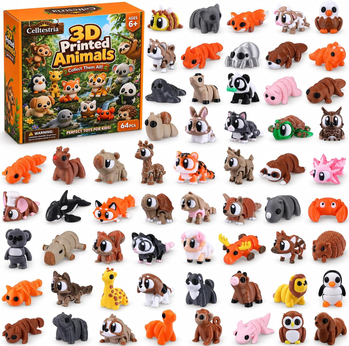 Celltestria 18PCS 3D Printed Skeleton Fidget Toys with Coffin Storage - 64Pcs 3D Animals