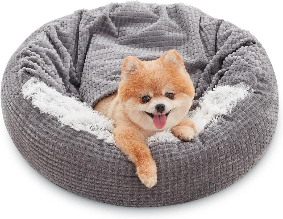 MIXJOY Small Dog Bed Cat Bed with Blanket Attached Donut Washable - Grey / 23.0"L x 23.0"W x 7.0"Th