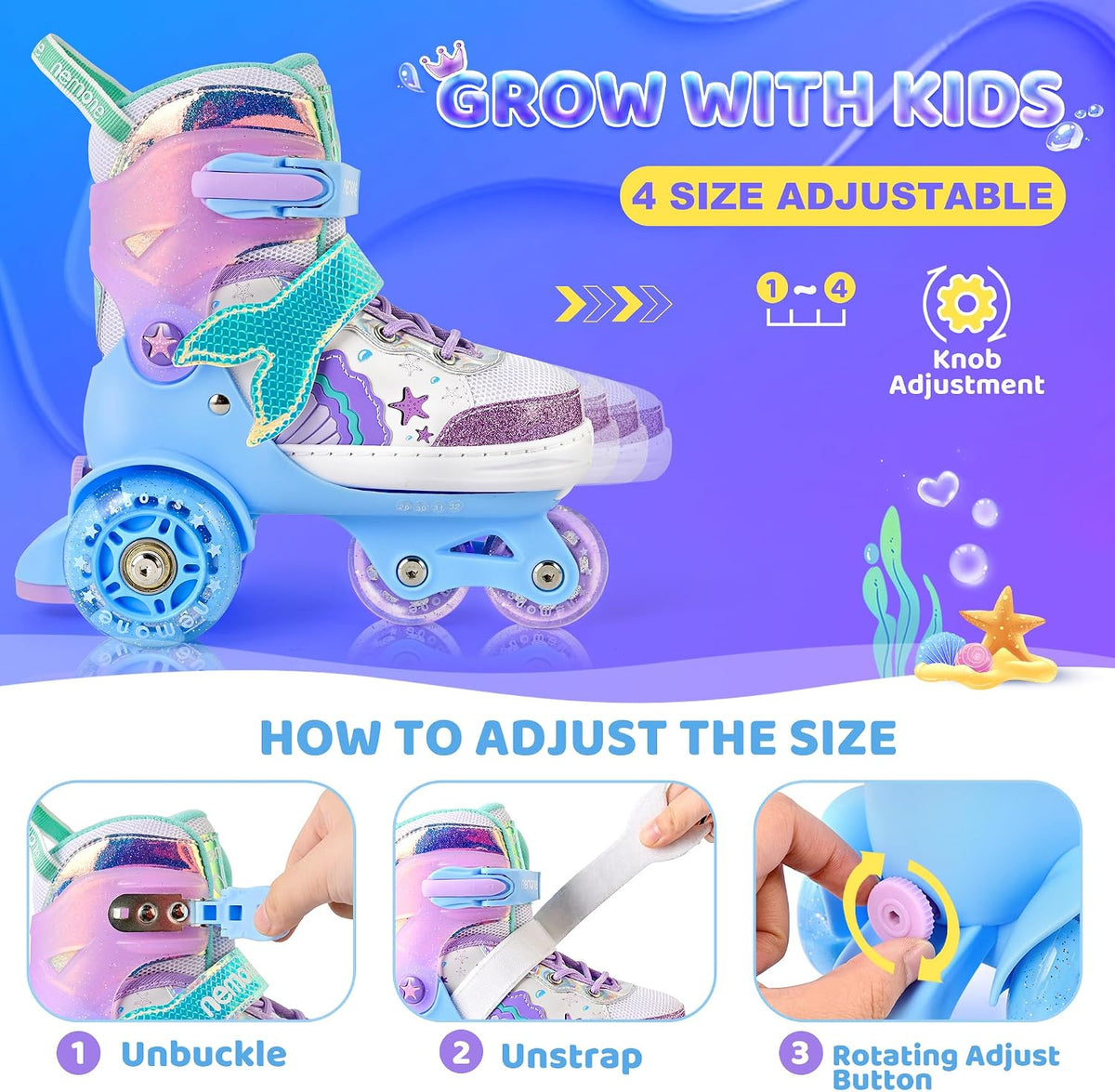 NEMONE Mermaid Adjustable Light up Roller Skates for Girls Boys – Fun for Kids & Family - I- Toddler Skates - Ocean Mermaid / X-Small - Toddler - image 2