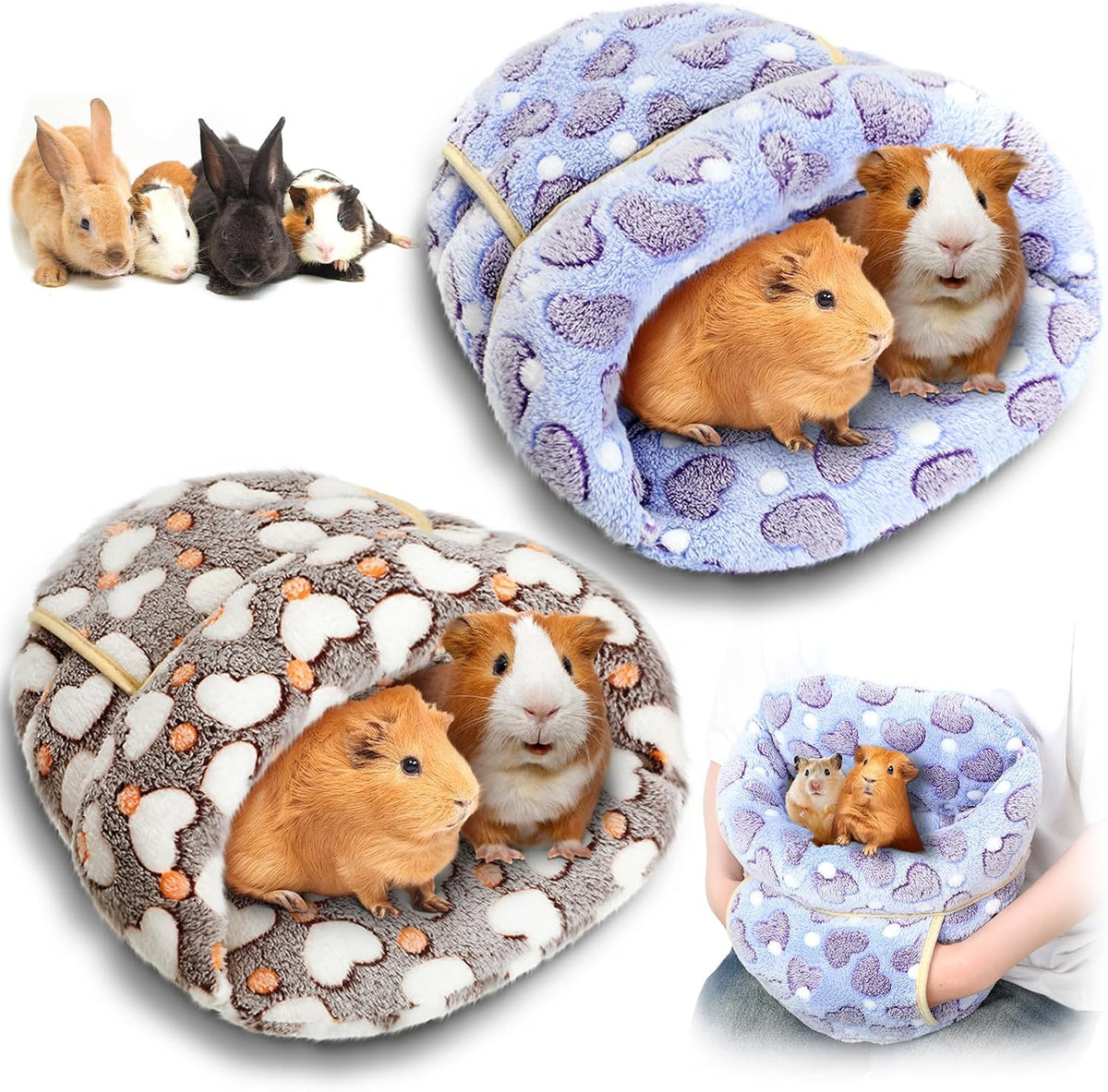 2 Pcs Guinea Pig Fleece Hideouts, Blue, Khaki, Star – Daily Care for Small Pets - Gray, Pink / Hearts