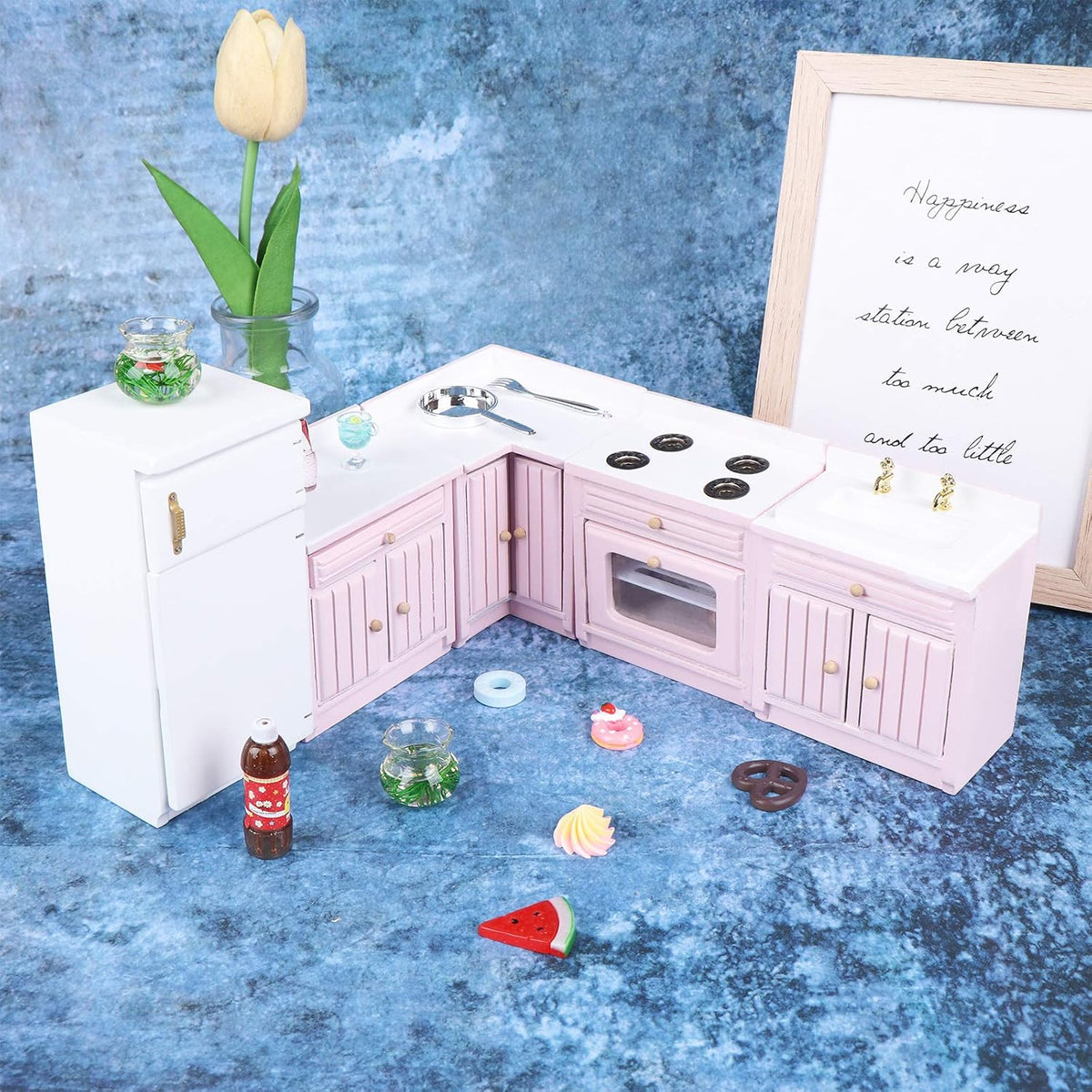 1:12 Scale Dollhouse Kitchen Furniture Set, Fridge, Sink - Brown - image 4
