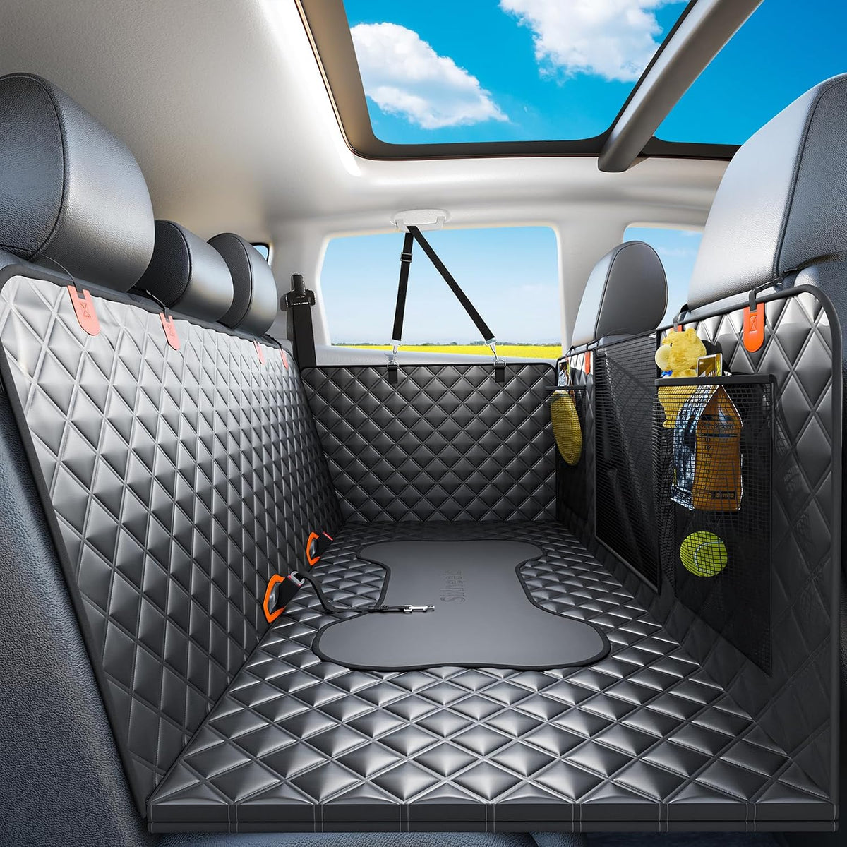 Dog Car Seat Cover Back Seats Protector - For Cars/ Mid-Size SUV/ Small Truck / Black with Hard Bottom
