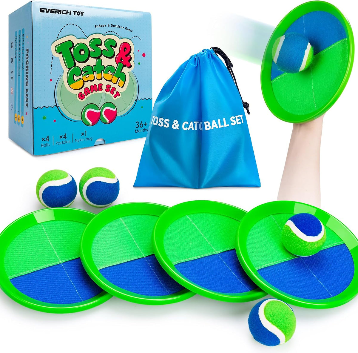 EVERICH TOY Toss and Catch Ball Game Set - Blue Green / 4 Paddles 4 Balls