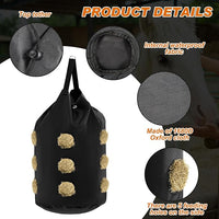 2 Pcs hay Bags for Horses Goats Slow Feed 1680D Oxford Bag Black Large Capacity Net Open Feed Hole Hay Holder for Horse Goats Sheep(15 Holes)