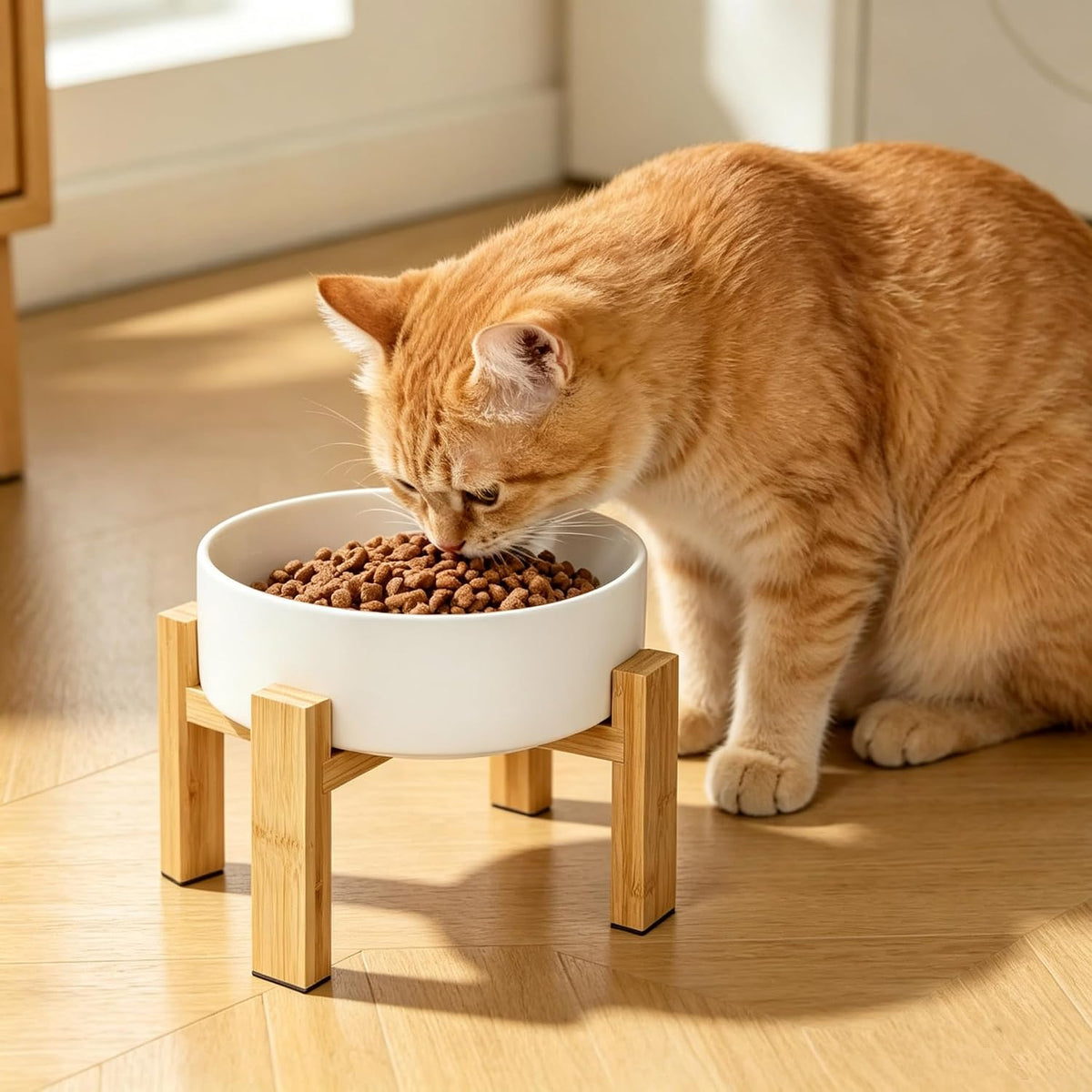 Elevated Cat Water Bowl, Ceramic Raised Cat Food Bowl with Adjustable Bamboo Stand, 5.1" Compact - Small / White