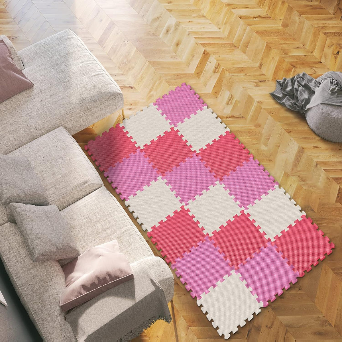 qqpp EVA Rubber 18 Tiles Interlocking Puzzle Foam Floor Mats - 18 Tiles / 3 White, Pink, Red - image 4