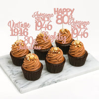 Rose gold glitter vintage 1946 cupcake toppers for an 80th birthday - view 40