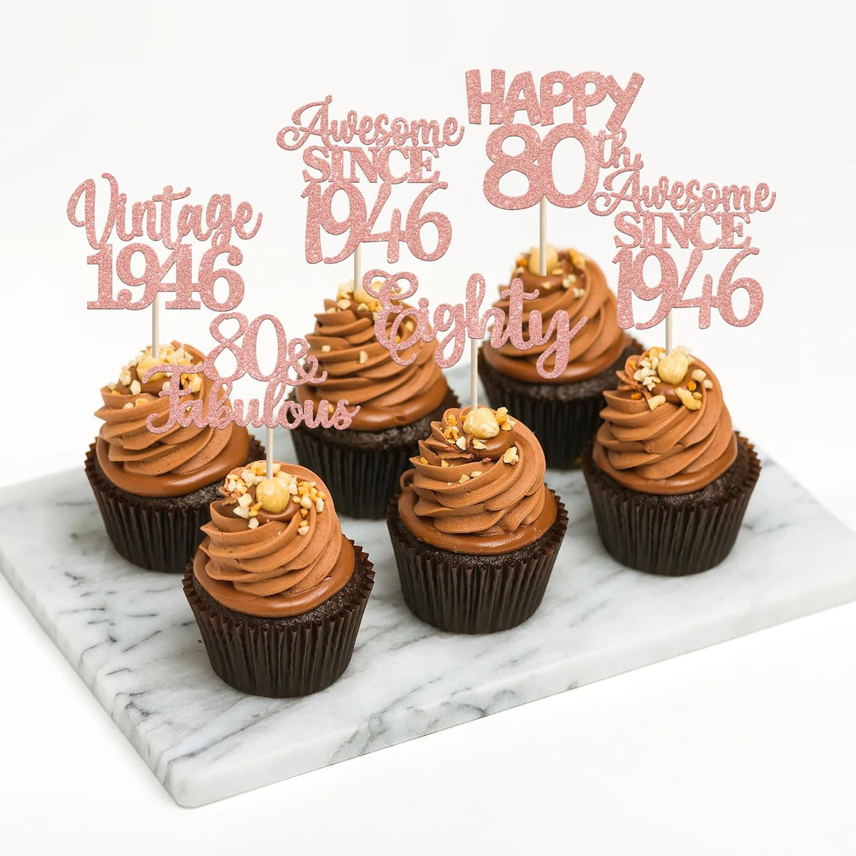 Rose gold glitter vintage 1946 cupcake toppers for an 80th birthday - view 40