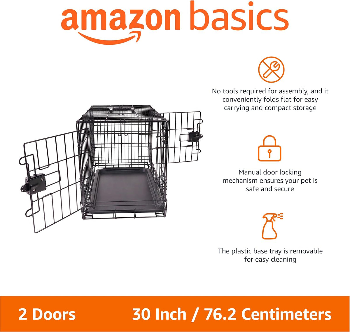 Amazon Basics Portable, Foldable Metal Wire Small Dog Crate with Removable Tray, Divider Panel - 30.0"L x 19.0"W x 21.0"H / Double Door w/ Divider - image 2