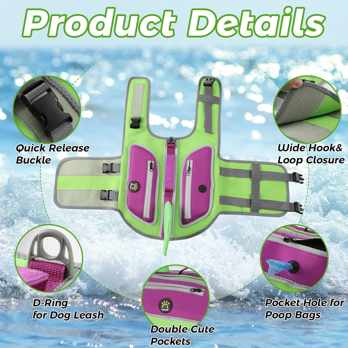 Dog Life Vests for Boating and Swimming, Dog Life Jacket – Essentials for Dogs - Green / X-Large - image 2