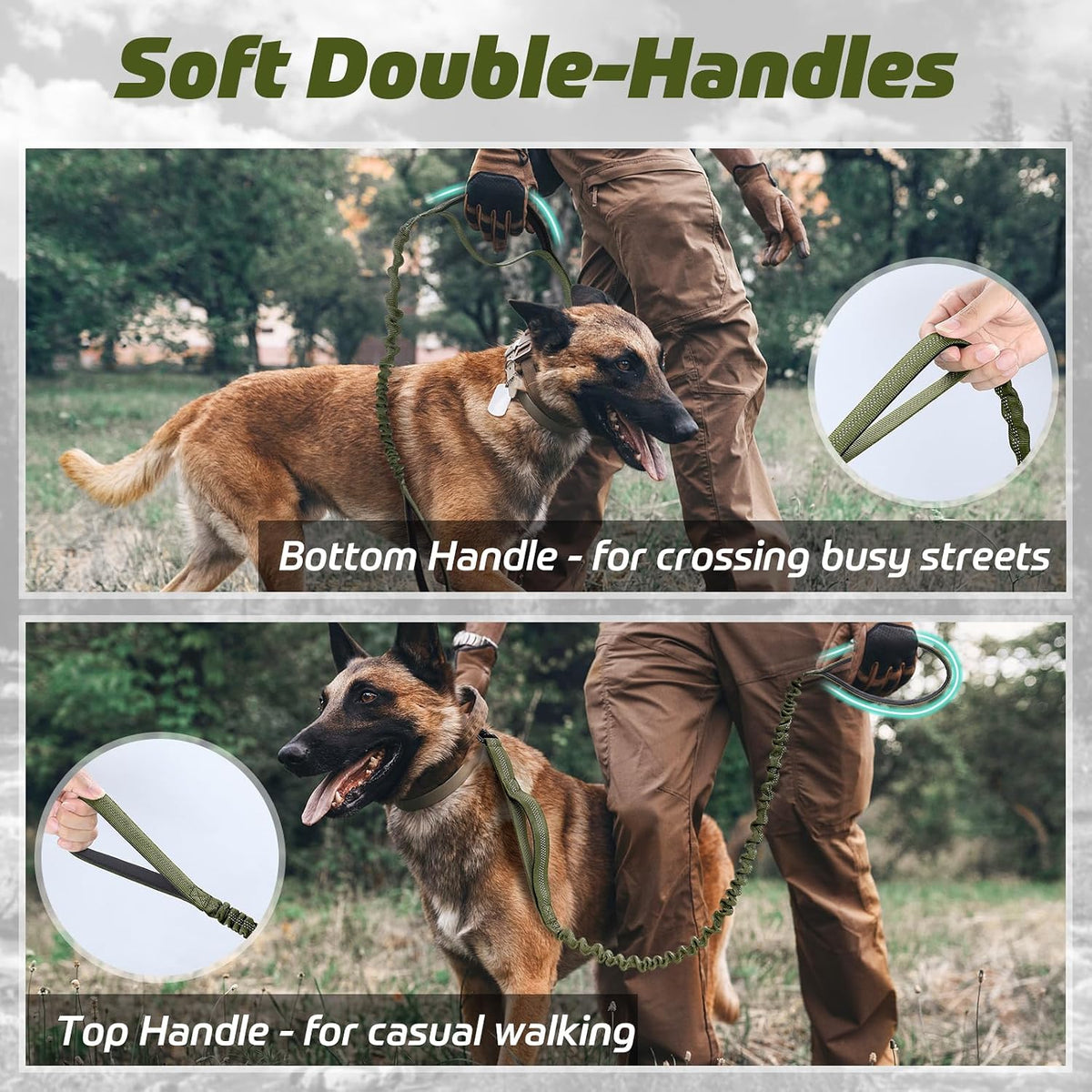 rabbitgoo Tactical Dog Leash, Heavy Duty Training Bungee Lead – Essentials for Dogs - Green / Max: 5.2ft - image 2