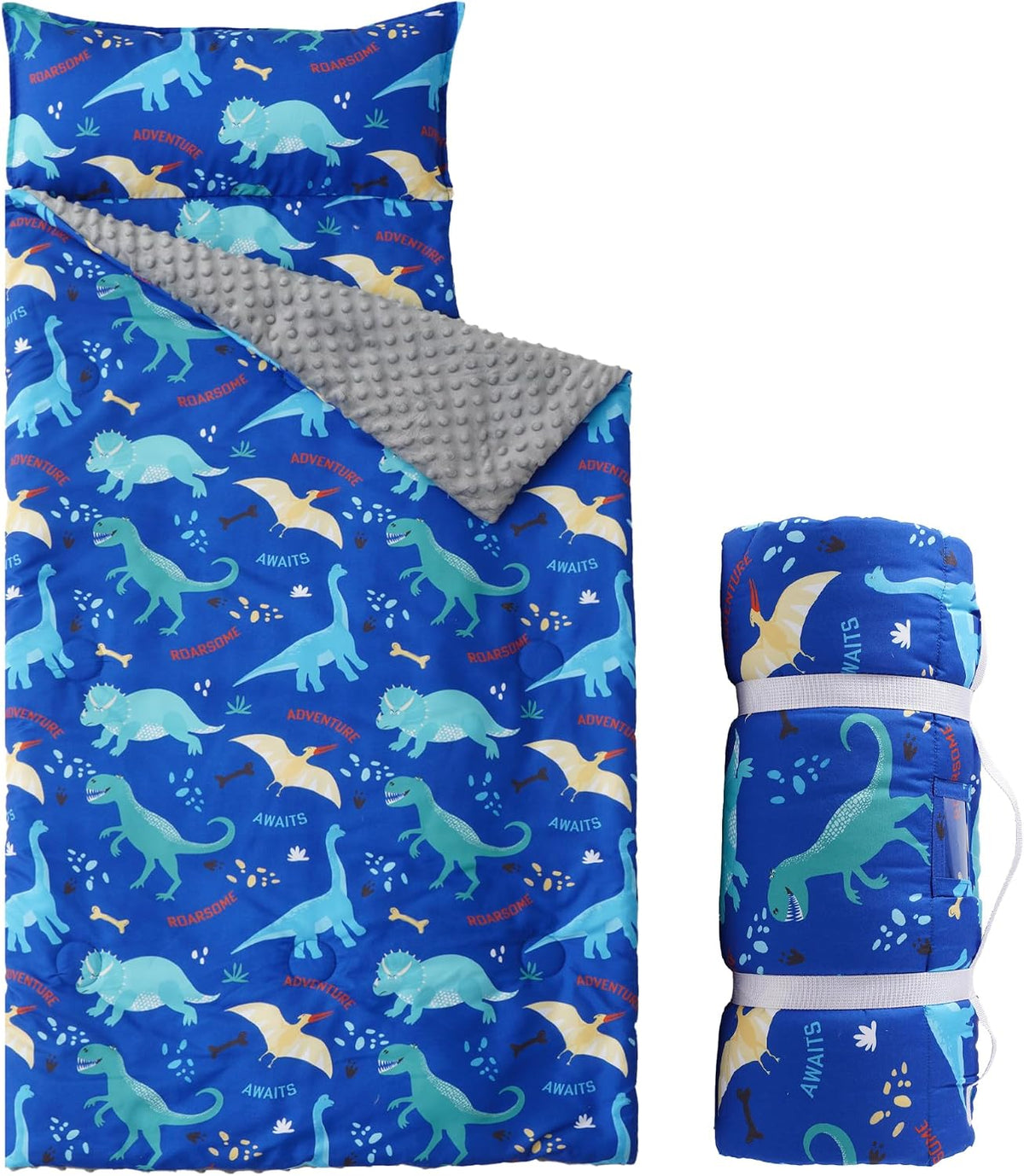 Bunnikins & Clover Toddler Nap Mat with Removable Pillow - Dinosaur Blue