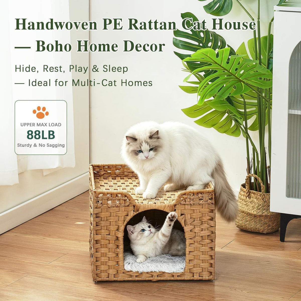Cat Beds Indoor Kitten House, PE Rattan Cat Cave - Natural / Rectangle-M - image 2