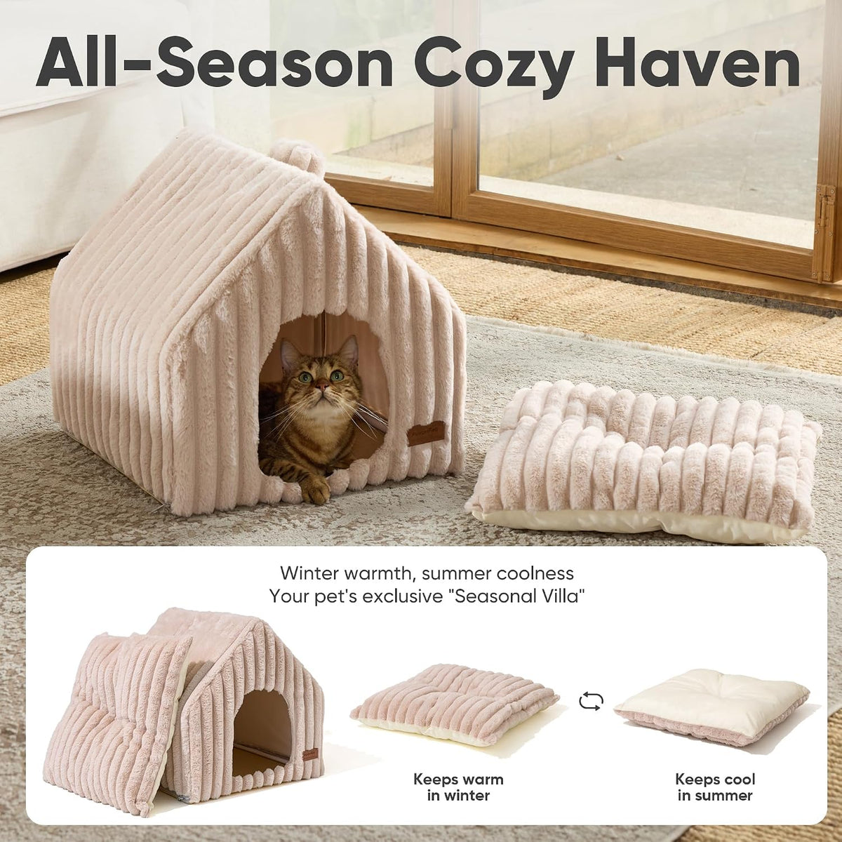 FUKUMARU Cat Bed Cave, Enclosed Washable Covered Dog Bed with Support Frame – Essentials for Cats - Pink Beige / 15 Inch (Cats up to 12 lbs, Dogs up to 7 lbs) - image 3