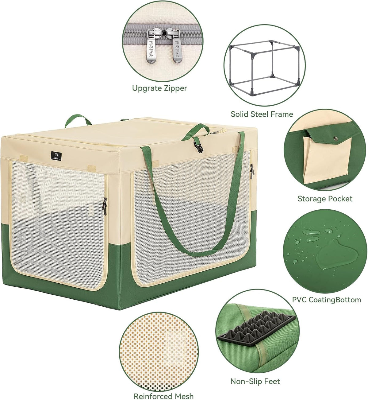A 4 Pet 36-in Foldable Soft-Sided Dog Crate for Large Dogs – Essentials for Dogs - Green+Beige / 30.0"L x 20.0"W x 19.0"H - image 3