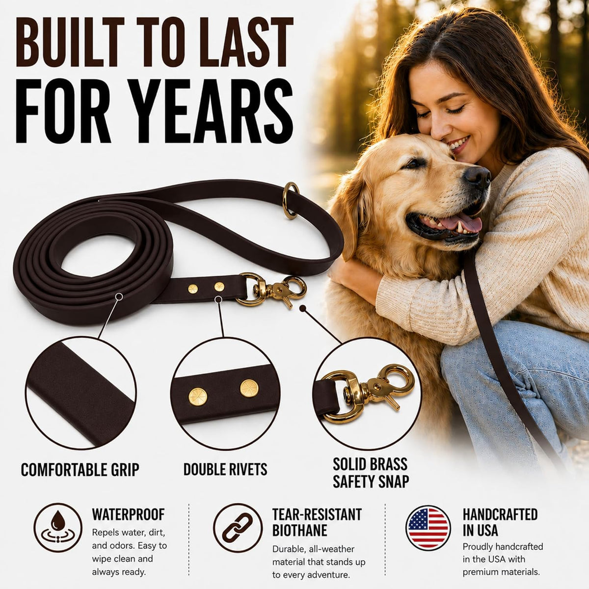 Biothane Leash, Brass, 6 ft x 5/8, Black – Essentials for Dogs - 3/4 / Brown - image 4