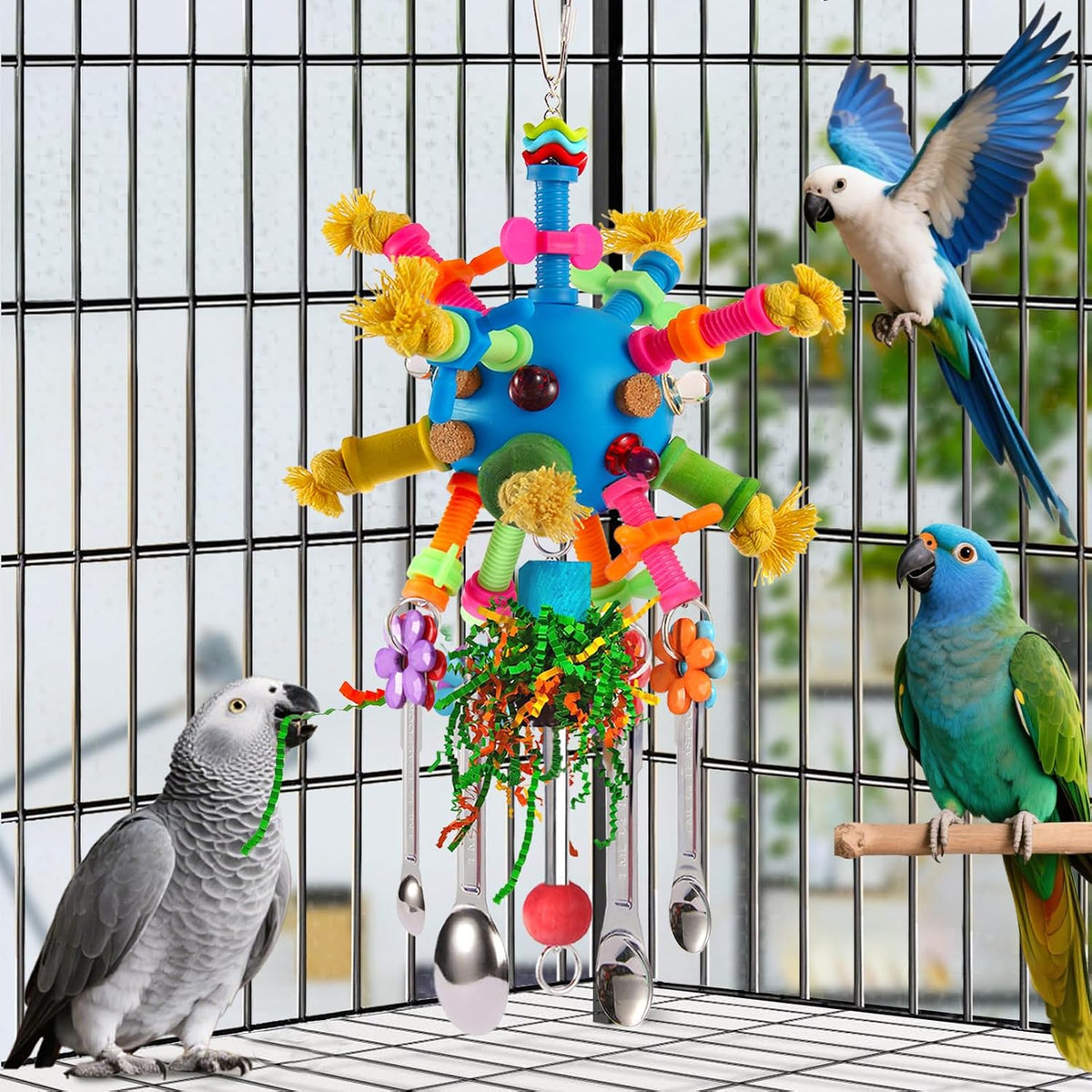 Parrot Toys Bird Toys Perch Pullable Stainless Steel Spoons Colorful - blue - image 4