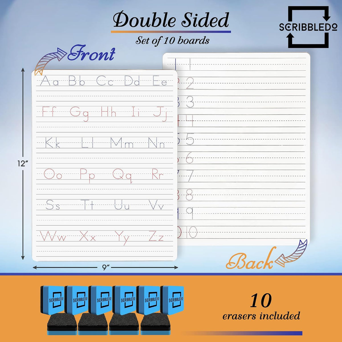 Scribbledo Alphabet Tracing Whiteboard, Dry Erase Lapboard 9x12 – Fun for Kids & Family - Set of 10 Boards & Erasers - image 2