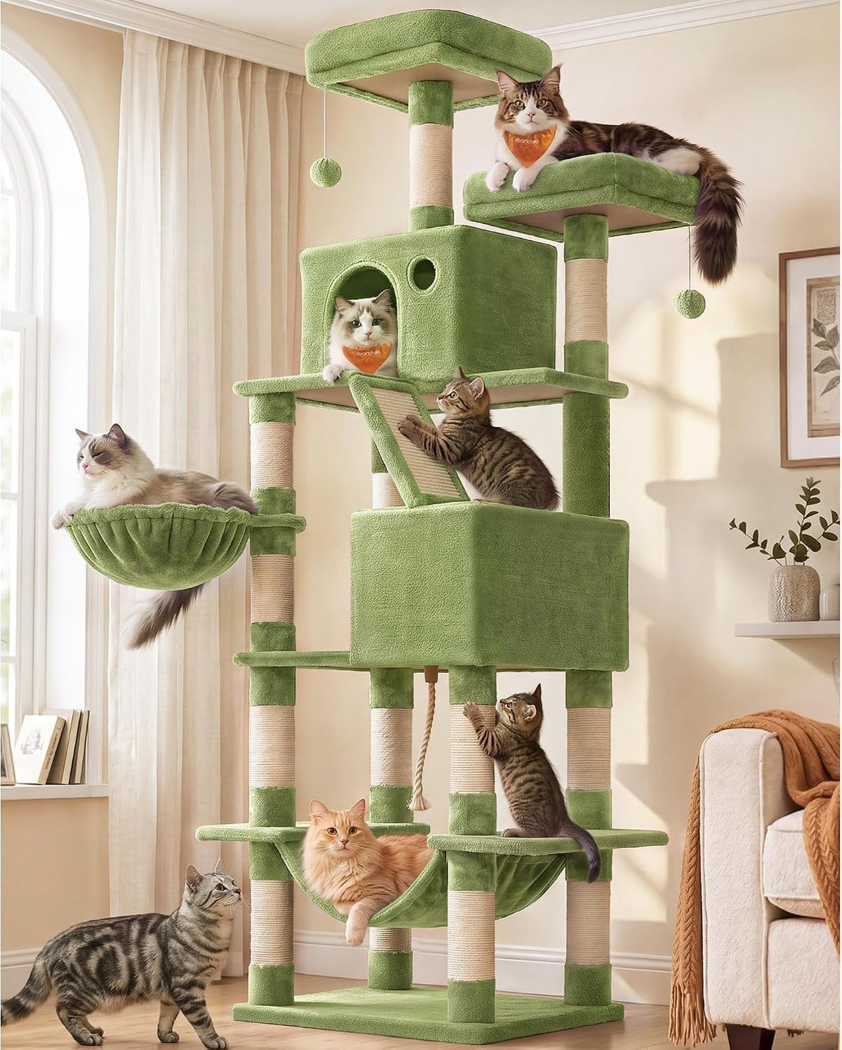 Feandrea Cat Tree, Multi-Level Condo - Green / XXL (23.6"L x 19.7"W x 81.1"H) - image 2
