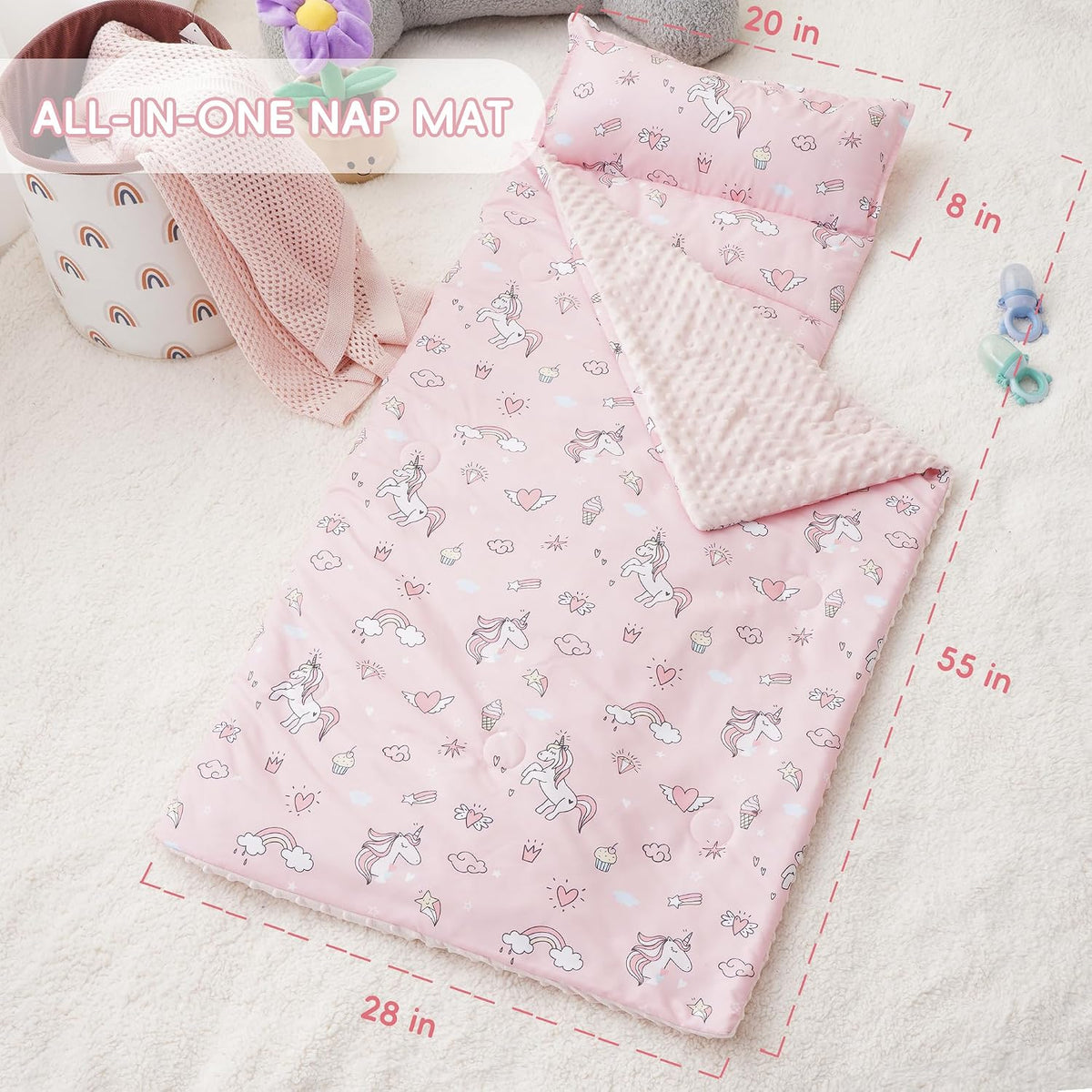 Bunnikins & Clover Toddler Nap Mat with Removable Pillow - Unicorn Pink - image 3