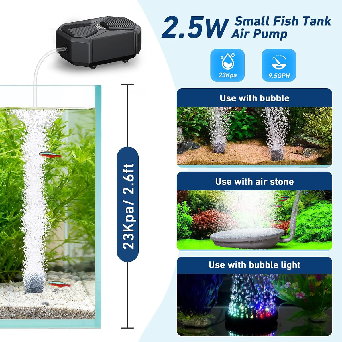 hygger Aquarium Air Pump, Ultra Quiet Oxygen Aerator with Air Stone Airline Tubing Check Valve - Small - image 3