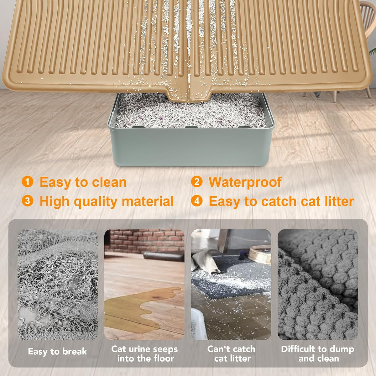 UPSKY Large Cat Litter Mat 31" x 24" Waterproof and Washable - 6.Khaki - image 3