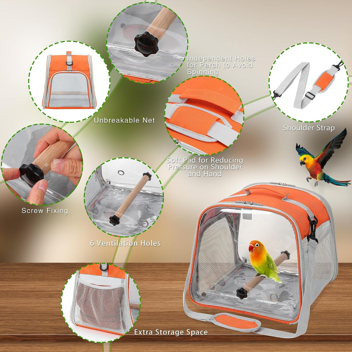 Small Bird Carrier, Large Window Travel Cage with Stand and Easy Clean Tray for Parrot Parakeet - Orange - image 3