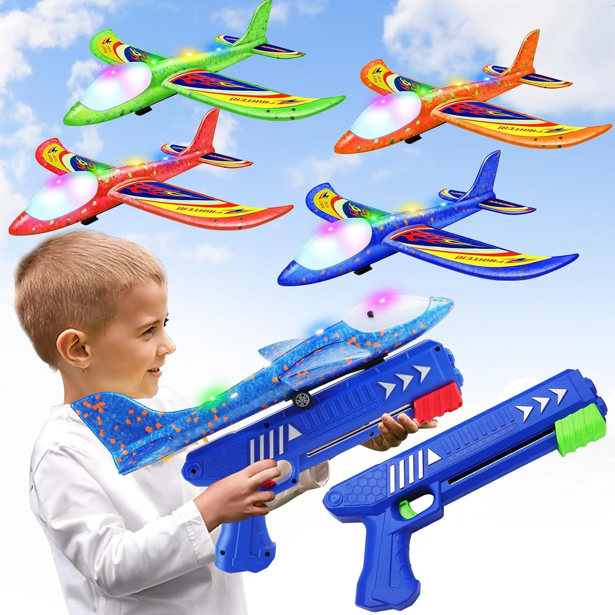 Wesfuner 3 Pack Foam Airplane Launcher Toys - Blue&green&orange&red / Small