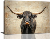 Rustic Highland Cow Pictures Wall Art, Farmhouse Longhorn Bull Bathroom Wall Decor Black Cow Framed Painting Canvas Artwork for Bathroom Bedroom Living Room Decorations 16"L x 12"W