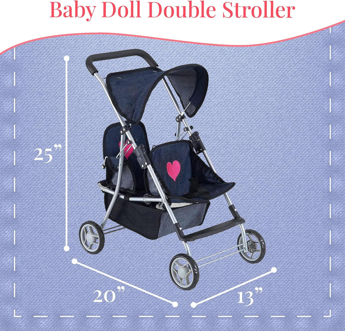 Double Baby Doll Stroller for Twin Dolls - Denim - image 3