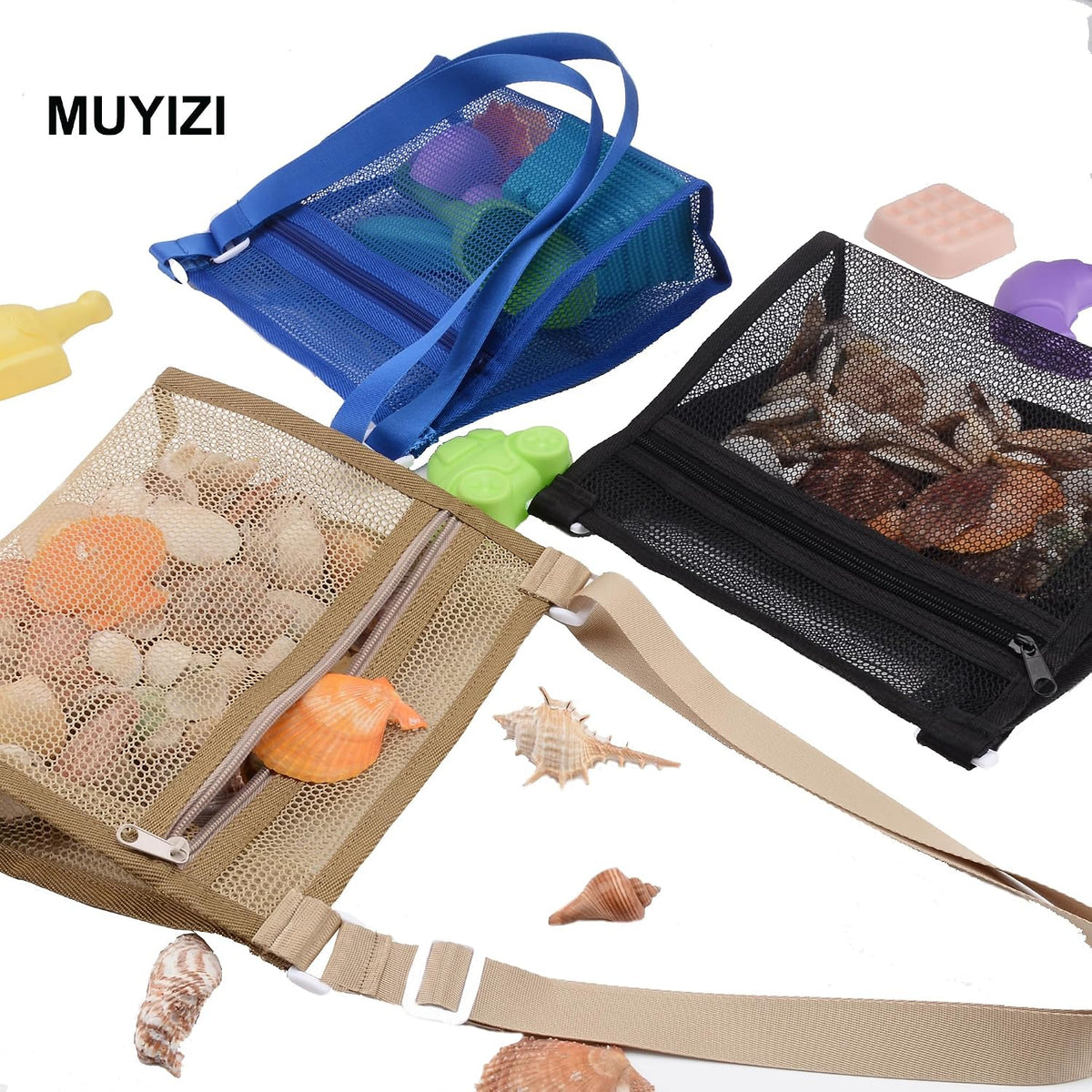 MUYIZI Mesh Beach Bag for Shells Collecting 3 Pack - Black+Deep Blue+Brown - image 2
