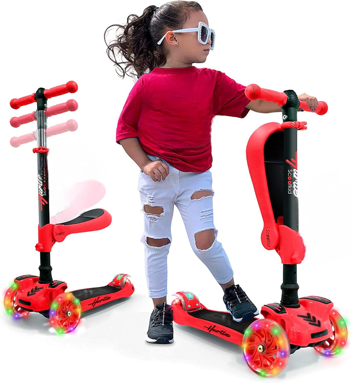 Hurtle 3-Wheeled Scooter for Kids, Wheel LED Lights - Red