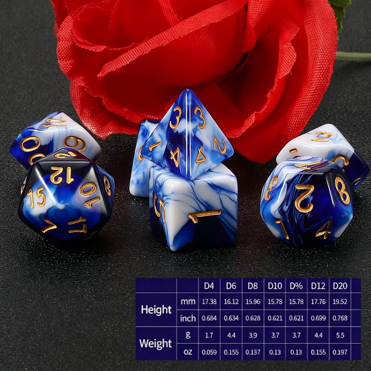 QMAY DND Dice Set - 7Pcs Blue Mix White Polyhedral Dice with Black Dice Bag – Fun for Kids & Family - Blue and White - image 3