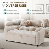 Ottoman with Storage, Tufted Storage Bench for Bedroom, 48" Fabrics End of Bed Bench, Upholstered Entryway Shoe Benches with Rolled Arm & Inner Zipper, Window Ottomans Chest without Rivets, Beige