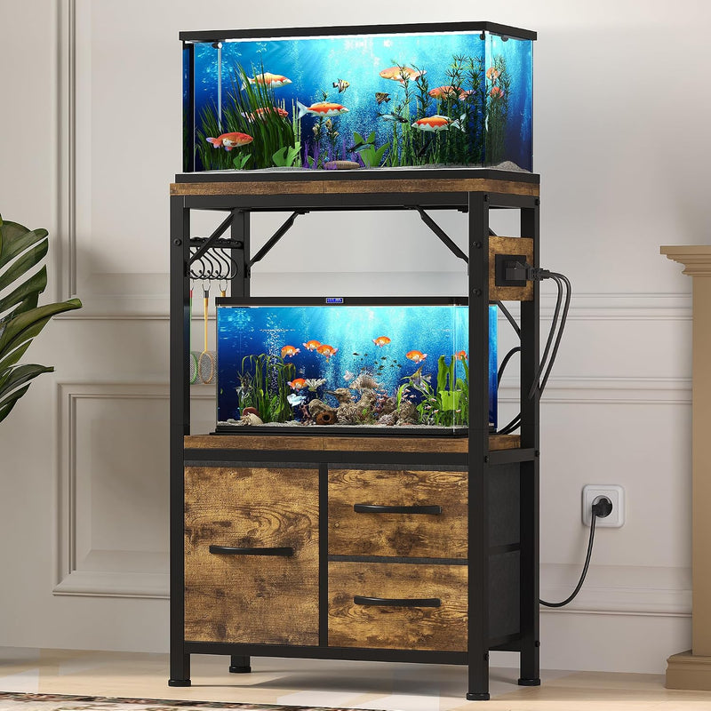 Heybly 20-29 Gal Fish Tank Stand with Drawer, Power Outlet - Rustic Brown / 5-10 gal