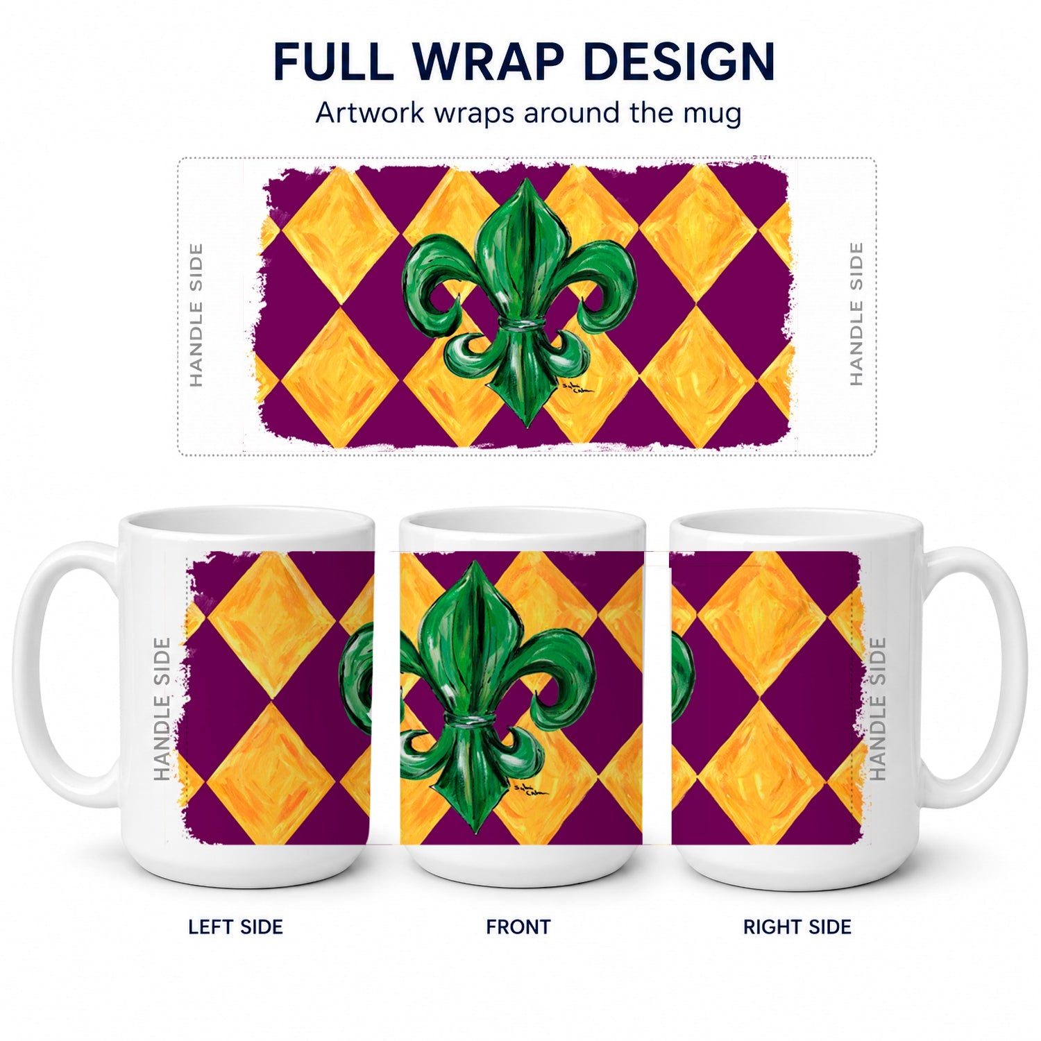Mardi Gras Fleur de lis Purple Green and Gold Ceramic Coffee Mug 15 oz Decorative Large C Handle Mug Cup for Tea, Cocoa Hot Chocolate