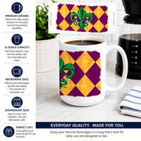 Mardi Gras Fleur de lis Purple Green and Gold Ceramic Coffee Mug 15 oz Decorative Large C Handle Mug Cup for Tea, Cocoa Hot Chocolate