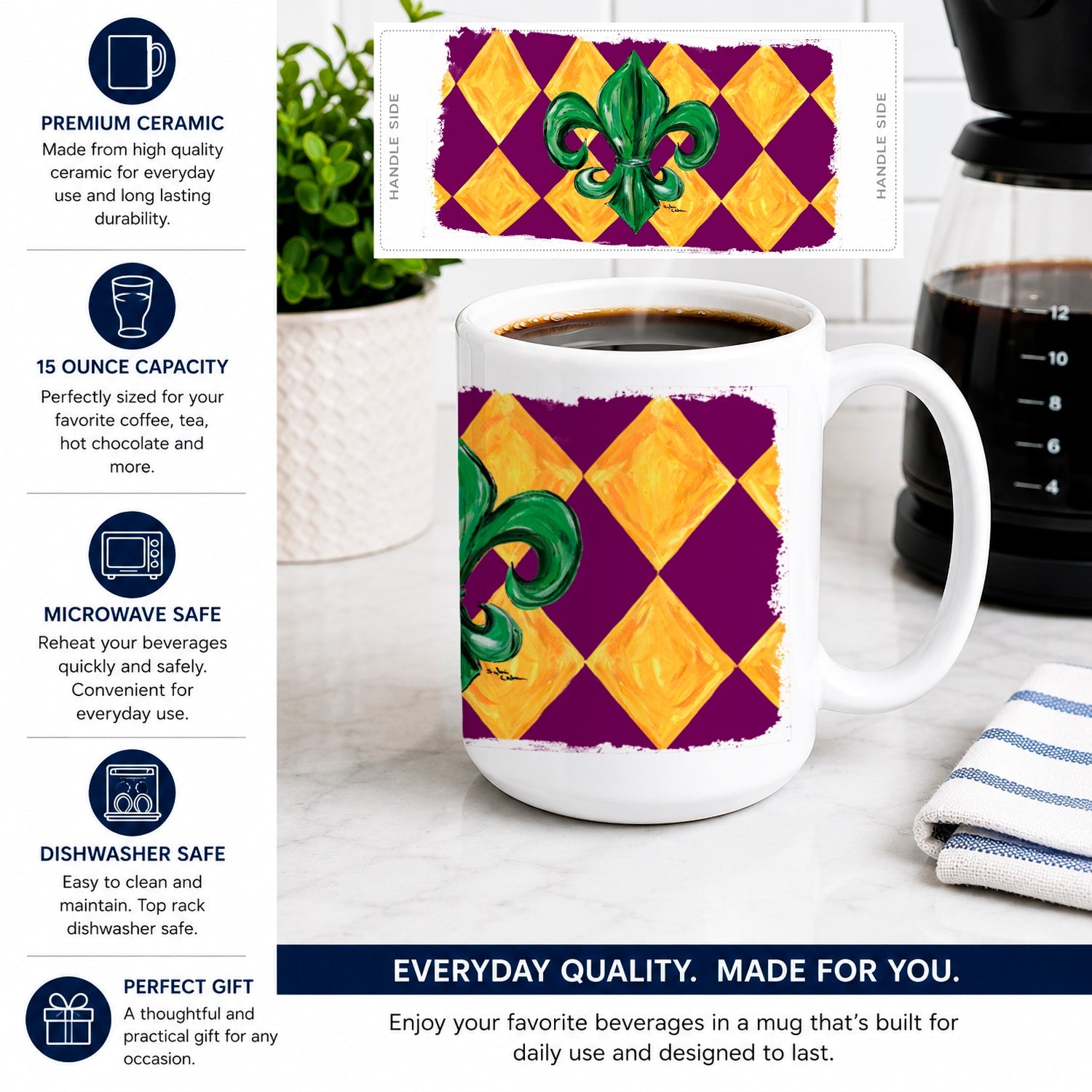 Mardi Gras Fleur de lis Purple Green and Gold Ceramic Coffee Mug 15 oz Decorative Large C Handle Mug Cup for Tea, Cocoa Hot Chocolate