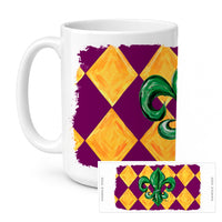 Mardi Gras Fleur de lis Purple Green and Gold Ceramic Coffee Mug 15 oz Decorative Large C Handle Mug Cup for Tea, Cocoa Hot Chocolate