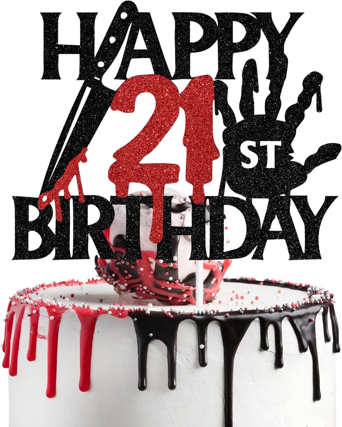 Black glitter Killer Happy 13th Birthday cake topper for a horror Halloween party - view 2